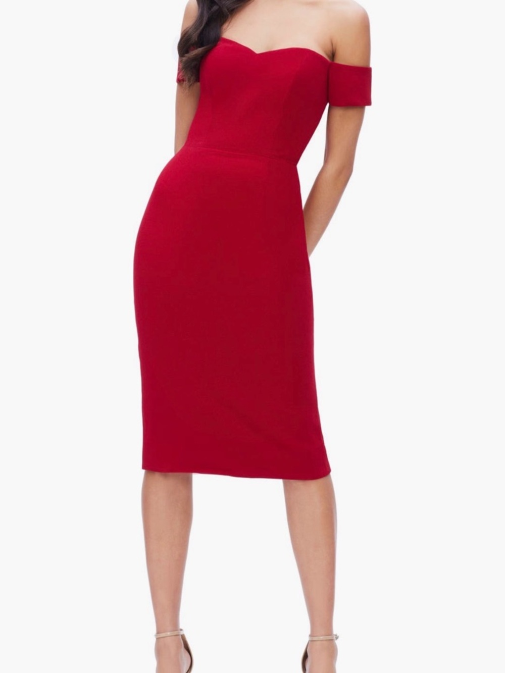 Off-the-Shoulder Garnet Midi Sheath Dress